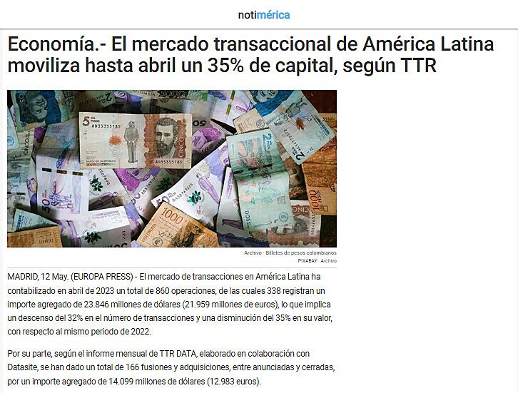 Economa.- El mercado transaccional de Amrica Latina moviliza hasta abril un 35% de capital, segn TTR